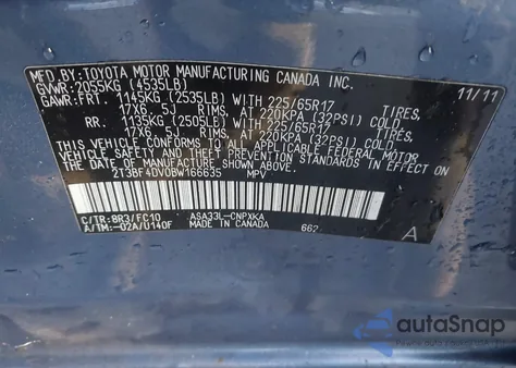 2011 Toyota Rav4 from USA, damaged, VIN 2T3BF4DV0BW166635